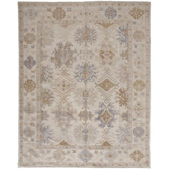 HomeRoots 514966 9 x 12 ft. Ivory Tan & Blue Floral Hand Knotted Stain Resistant Rectangle Area Rug