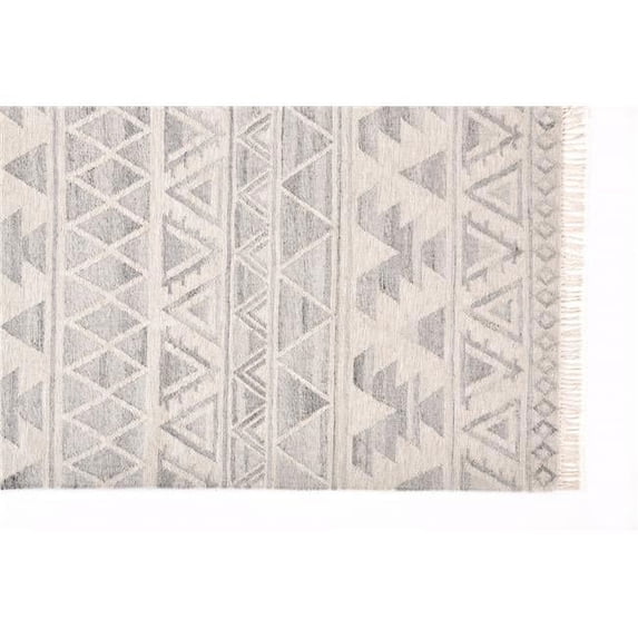 HomeRoots 515552 2 x 3 ft. Ivory Gray & Blue Wool Geometric Dhurrie Flatweave Handmade Rectangle Area Rug with Fringe