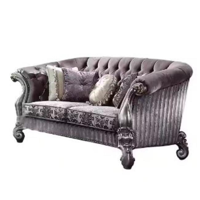 Luxurious Purple and Platinum Velvet Tufted Loveseat with Toss Pillows