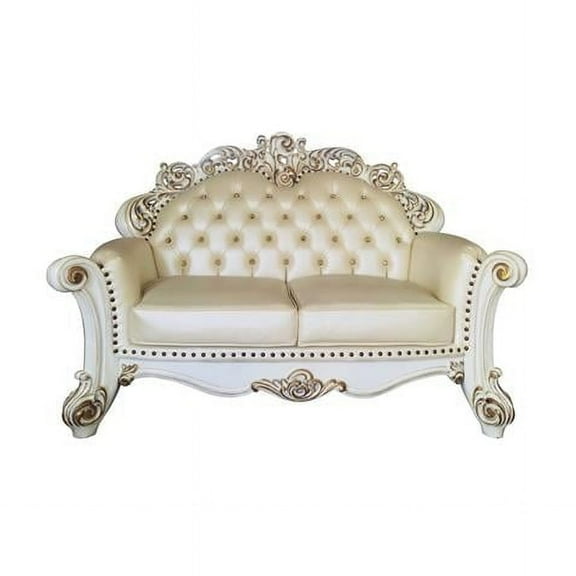 HomeRoots 515713 70 in. Champagne & Pearl Faux Leather Love Seat Sofa & Toss Pillows