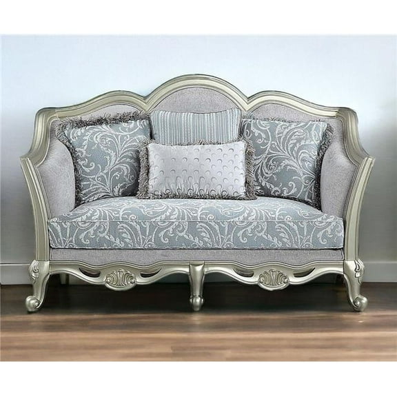 HomeRoots 515727 66 in. Light Gray & Champagne Linen Damask Loveseat & Toss Pillows
