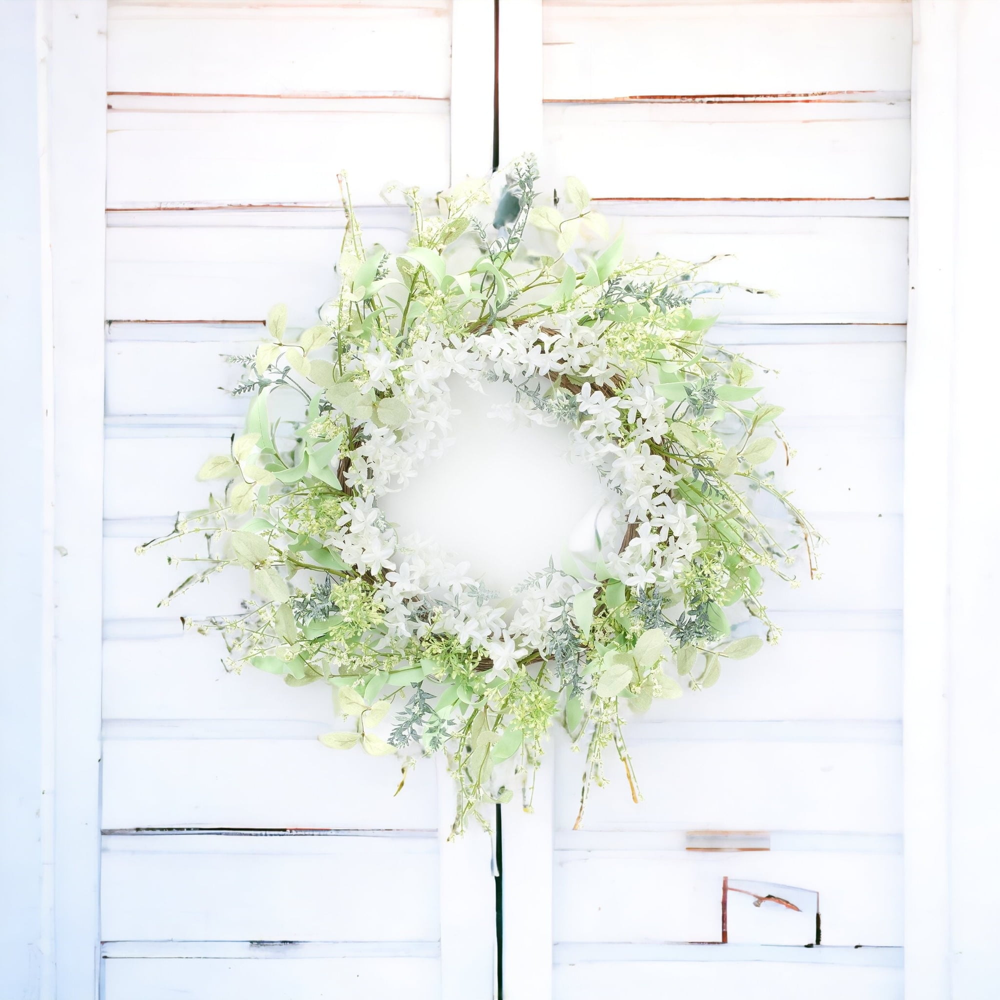 Green and White Artificial Floral Front Door Wreath