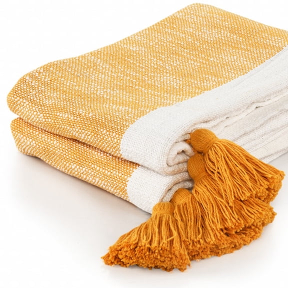 HomeRoots 516507 Woven Cotton Striped Throw Blanket, Yellow