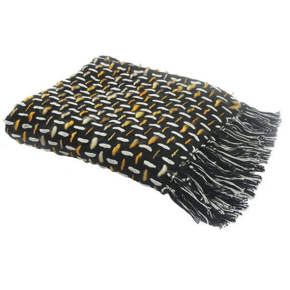 HomeRoots 516602 0.2 x 50 x 60 in. Black & Gold Woven Cotton Geometric Throw Blanket