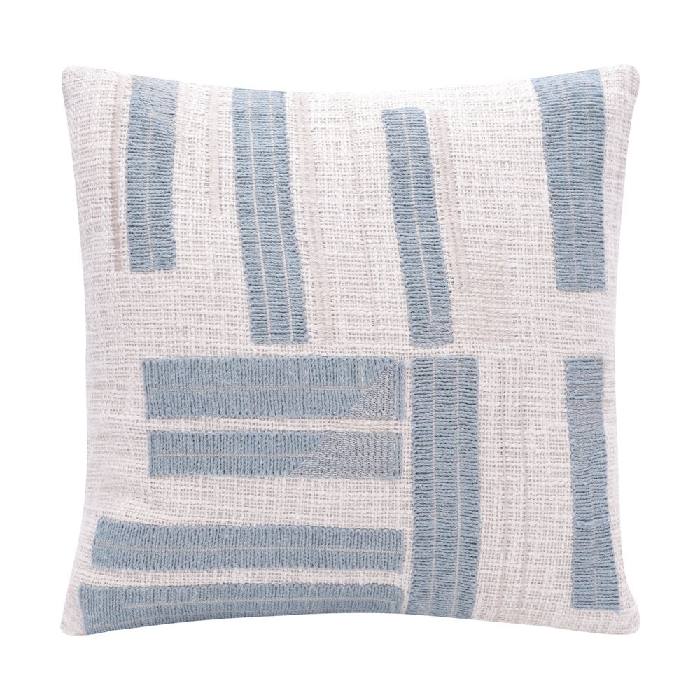 Ocean Blue and Ivory Cotton Embroidered Throw Pillow