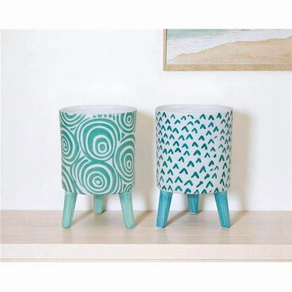 HomeRoots 517979 Aqua Teal & White Ceramic 2 oz Round Raised Pot Planters - Set of 2