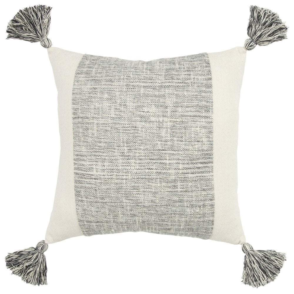 20-Inch Gray and Ivory Cotton Pillow with Tassel Edges