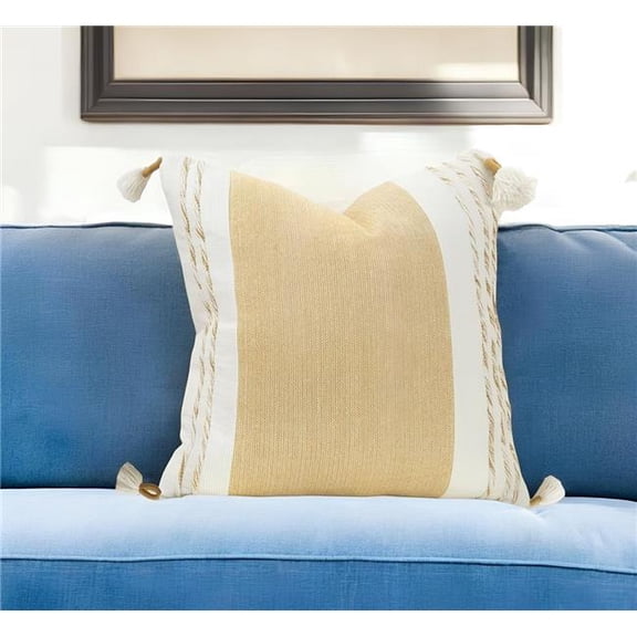 HomeRoots 518673 20 in. Yellow & White Color Block Cotton Throw Pillow with Tassels