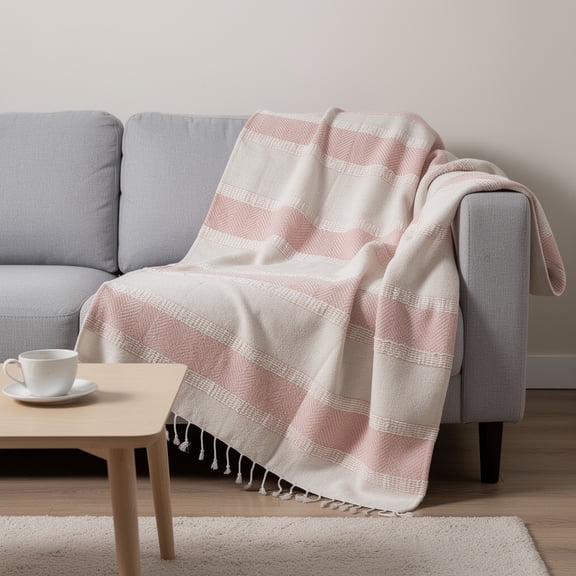 50" X 60" Beige And Pink Cotton Woven Striped Throw Blanket with Fringe