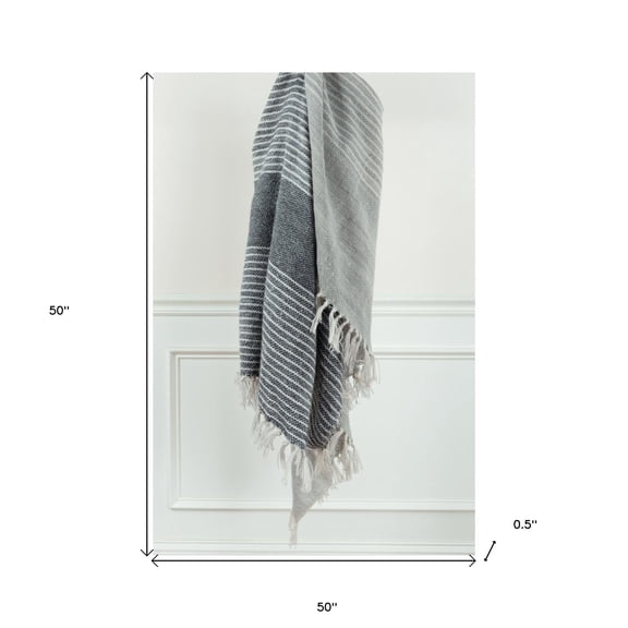 HomeRoots 519094 Grey & White Woven Recycled PET Polyester Throw Blanket with Tassels