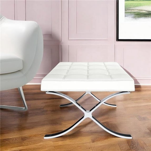 HomeRoots 520804 24 in. White Genuine Leather & Silver Tufted Footstool Ottoman