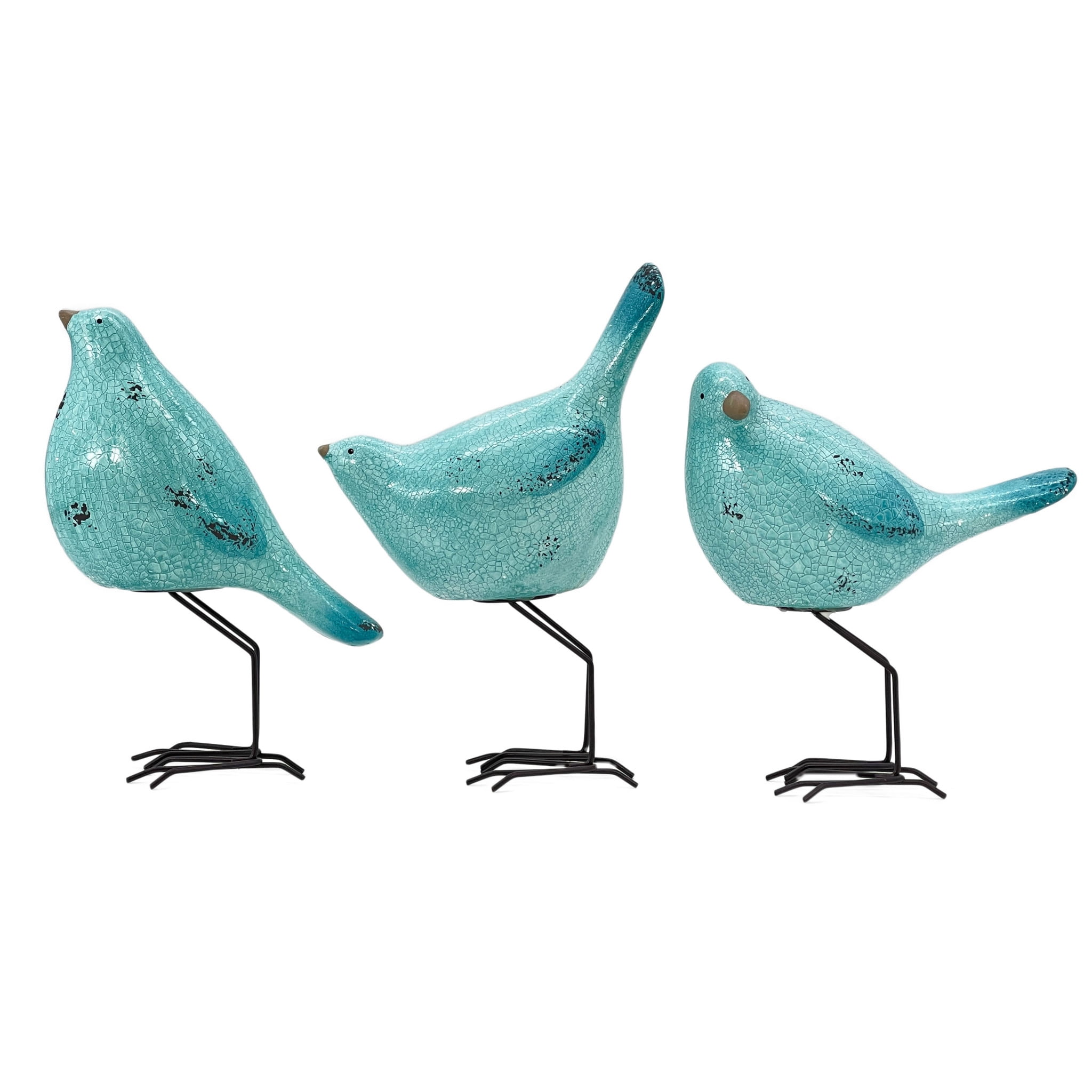 Set of Three Turquoise Ceramic and Metal Bird Sculptures