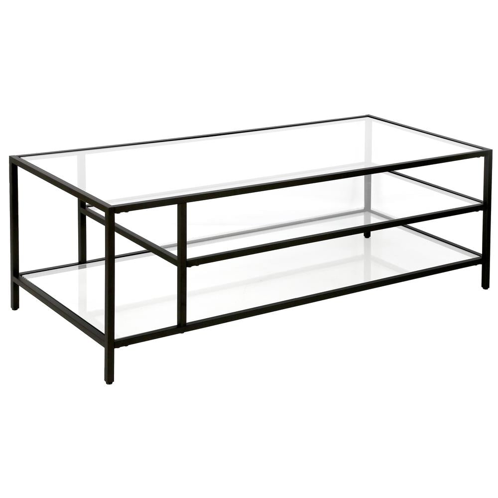 46" Black Glass and Metal Coffee Table with Two Shelves