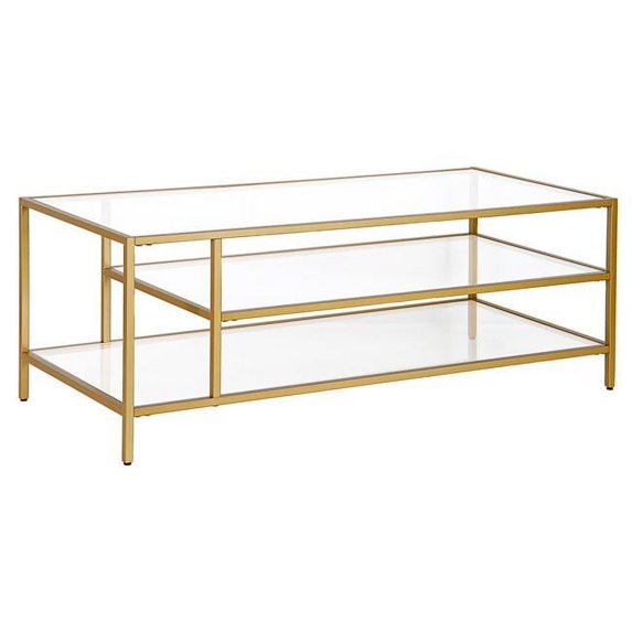 HomeRoots 520979 17 x 46 x 20 in. Gold Glass Rectangular Coffee Table with Two Shelves