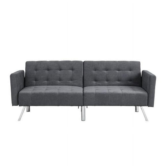HomeRoots 522394 75 in. Dark Grey Linen & Silver Sleeper Futon Convertible Sleeper Sofa