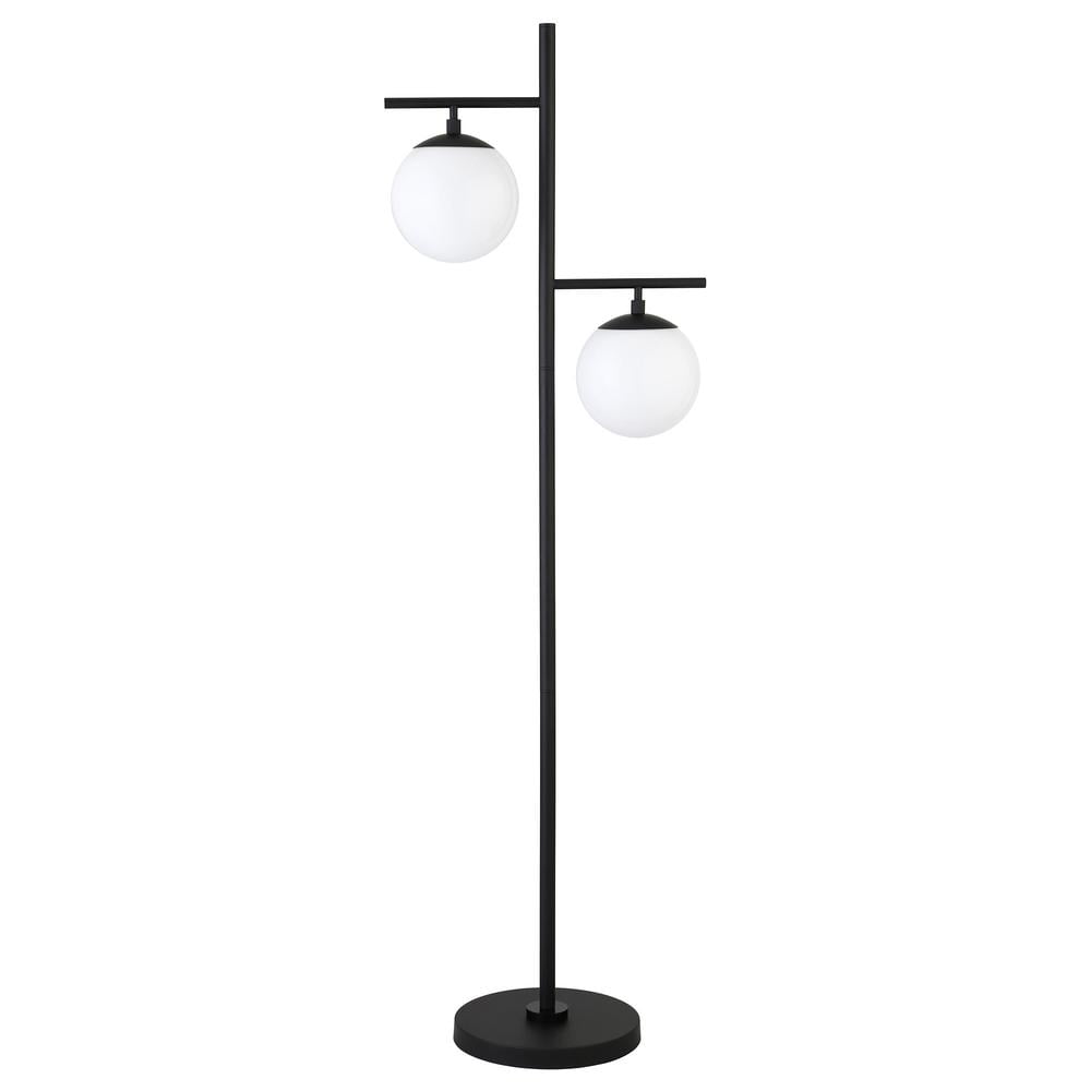 71" Black Metal Tree Floor Lamp with White Frosted Glass Globe Shade