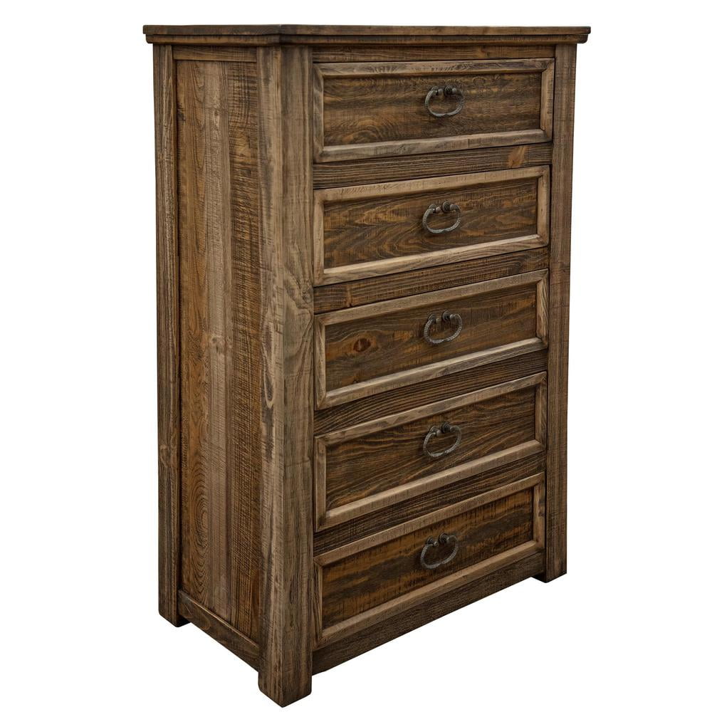 52" Brown Pine Rustic Vertical Five Drawer Chest