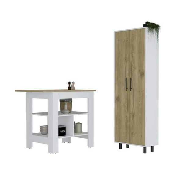 HomeRoots 526345 White & Natural Kitchen Island Set with Storage