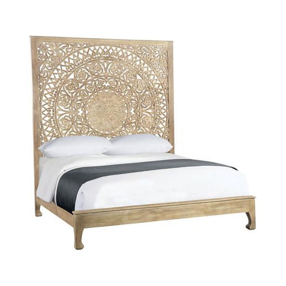 HomeRoots 527528 Solid Wood King Size Gray Carved Medallion Bed