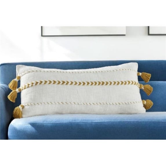 HomeRoots 527946 12 x 30 in. Yellow & White Striped Cotton Throw Pillow with Tassels