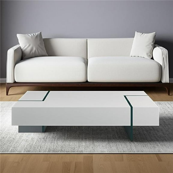HomeRoots 554286 53 in. White & Clear Wood & Glass Sled Coffee Table