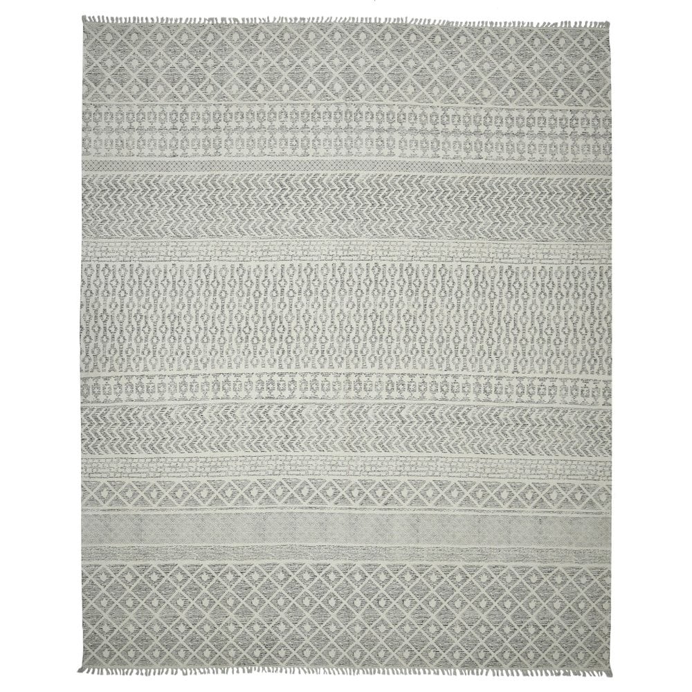 Hand-Woven Cotton Gray Geometric Braided Tassel Rug 7'6" x 10'