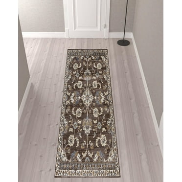 HomeRoots 532148 10 ft. Brown Floral Power Loom Runner Rug with Fringe