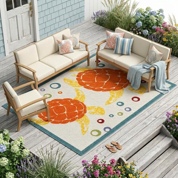 HomeRoots 6' X 9' Teal And Orange Sea Turtle Indoor Outdoor Area Rug