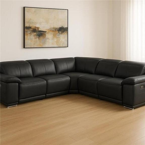 HomeRoots 532759 Black Italian Leather Modular L Shaped 5 Piece Corner Sectional