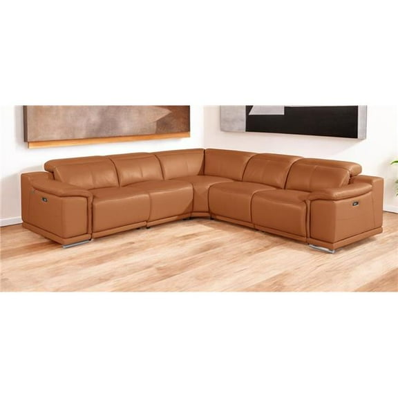 HomeRoots 532762 Camel Italian Leather Modular L Shaped 5 Piece Corner Sectional