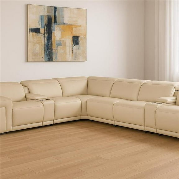 HomeRoots 534850 Beige Italian Leather Modular L Shaped 8 Piece Corner Sectional with Console