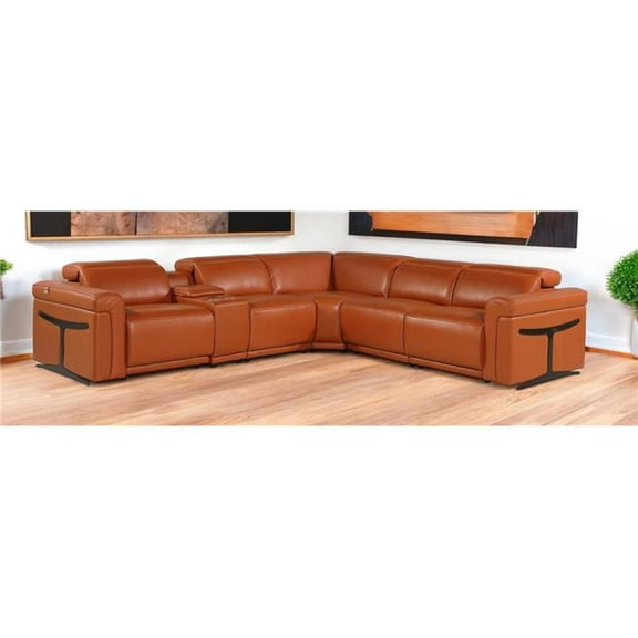 HomeRoots 534859 Camel Italian Leather Modular L Shaped 6 Piece Corner Sectional with Console