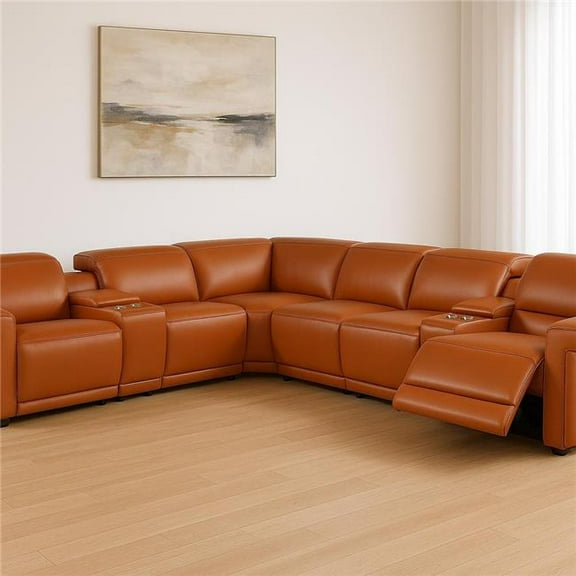 HomeRoots 534862 Camel Italian Leather Modular L Shaped 8 Piece Corner Sectional with Console