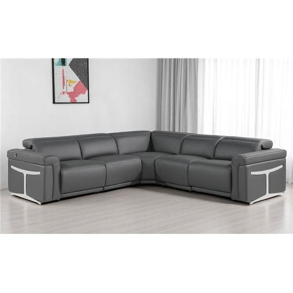 HomeRoots 534864 Gray Italian Leather Modular L Shaped 5 Piece Corner Sectional