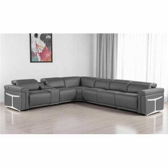 HomeRoots 534867 Gray Italian Leather Modular L Shaped 7 Piece Corner Sectional with Console