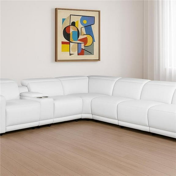 HomeRoots 534878 White Italian Leather Modular L Shaped 7 Piece Corner Sectional with Console
