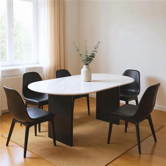 HomeRoots 544747 72 in. White & Black Marble & Solid Wood Sled Base Oval Dining Table