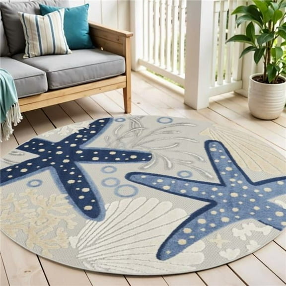 HomeRoots 546818 4 ft. Navy Blue & Gray Round Starfish Indoor & Outdoor Area Rug