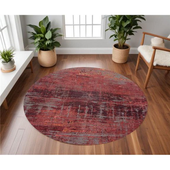 HomeRoots 548619 8 ft. Red & Gray Round Abstract Non Skid Machine Woven Area Rug