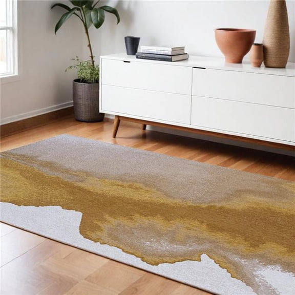 HomeRoots 551823 9 x 13 ft. Gray & Yellow Abstract Non Skid Rectangle Machine Woven Area Rug