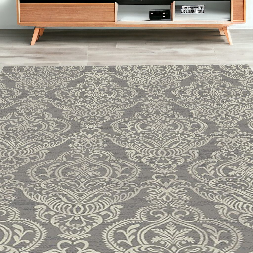 HomeRoots 552168 5 x 8 ft. Grey & Beige Damask Rectangle Area Rug ...