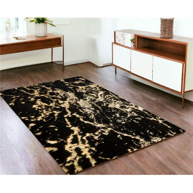 HomeRoots 553729 4 x 6 ft. Black & Gold Faux Fur Abstract Shag Non Skid Rectangle Tufted Area Rug