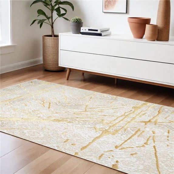 HomeRoots 553847 9 x 12 ft. Ivory & Gold Abstract Rectangle Machine Woven Area Rug