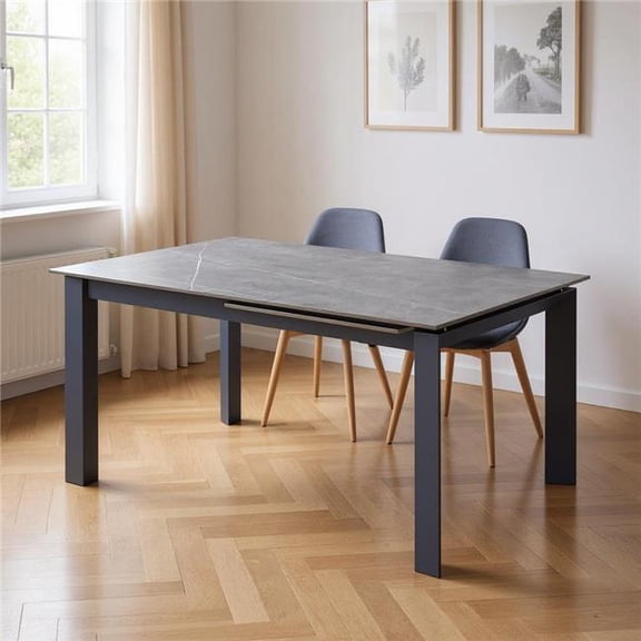 HomeRoots 555196 29.5 x 55 x 35.5 in. Gray Ceramic & Metal Self-Storing Leaf Extendable Dining Table