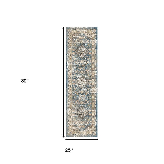 HomeRoots 555342 8 ft. Blue & Brown Oriental Distressed Runner Area Rug with Fringe