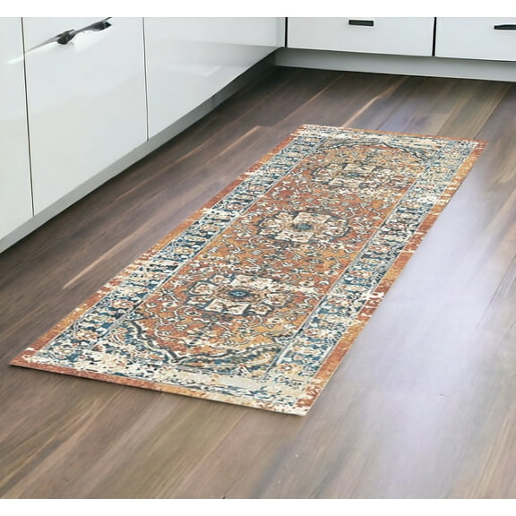 HomeRoots 555347 8 ft. Rust Oriental Distressed Runner Area Rug with Fringe