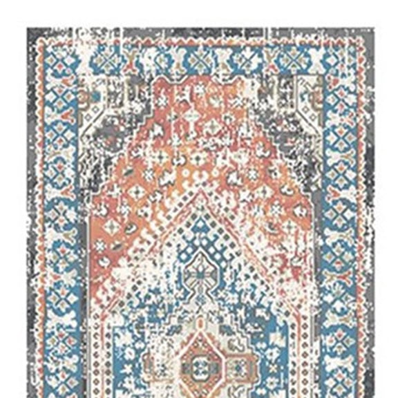 HomeRoots 555357 8 ft. Teal, Taupe & Rust Geometric Distressed Runner Area Rug with Fringe