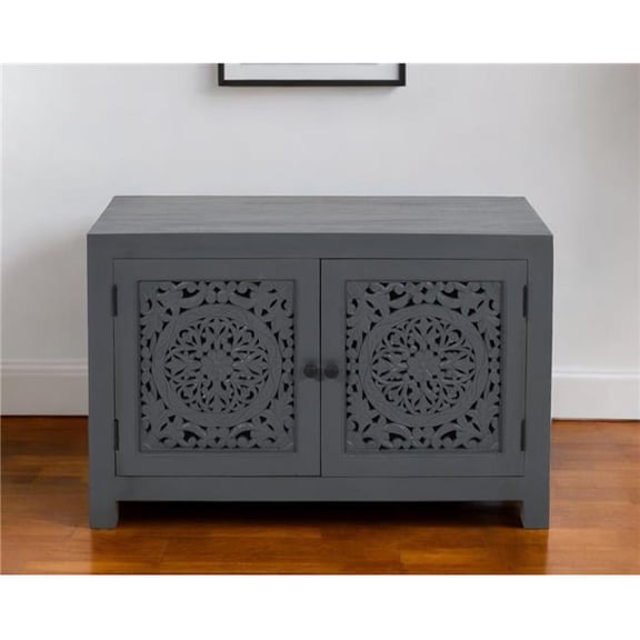 HomeRoots 557029 30 in. Gray Distressed Solid Wood Textured Door Accent Cabinet with Two Doors
