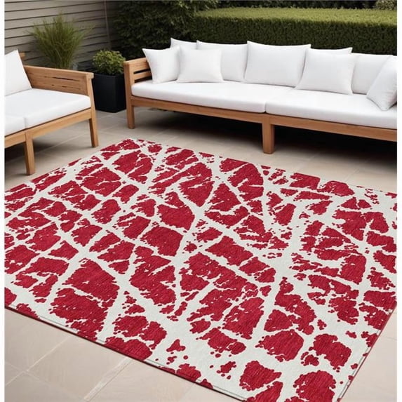 HomeRoots 559323 9 x 12 ft. Red & White Abstract Washable Non Skid Indoor Outdoor Rectangle Machine Woven Area Rug