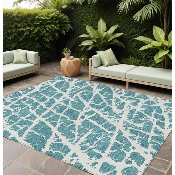 HomeRoots 559332 9 x 12 ft. Teal Abstract Washable Non Skid Indoor Outdoor Rectangle Machine Woven Area Rug